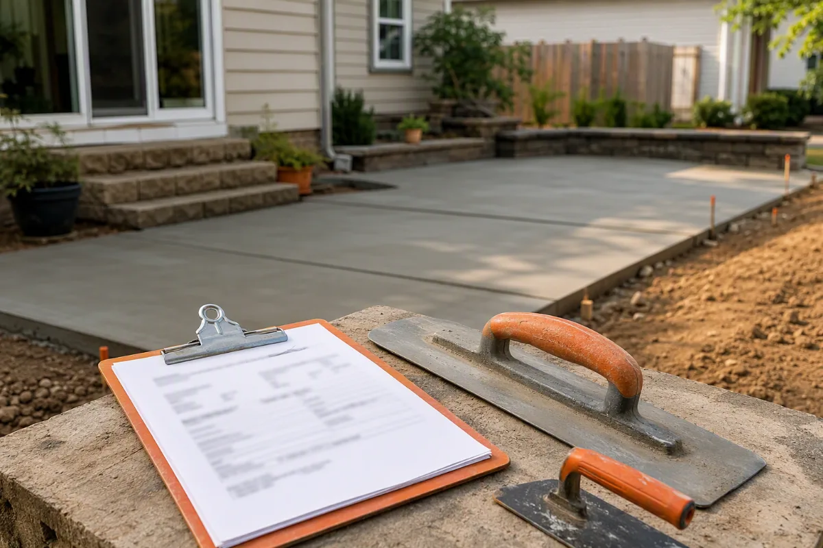 A clipboard with an out-of-focus, unreadable estimate resting on a work surface beside a bull float and an edging trowel, a residential job softly blurred behind it