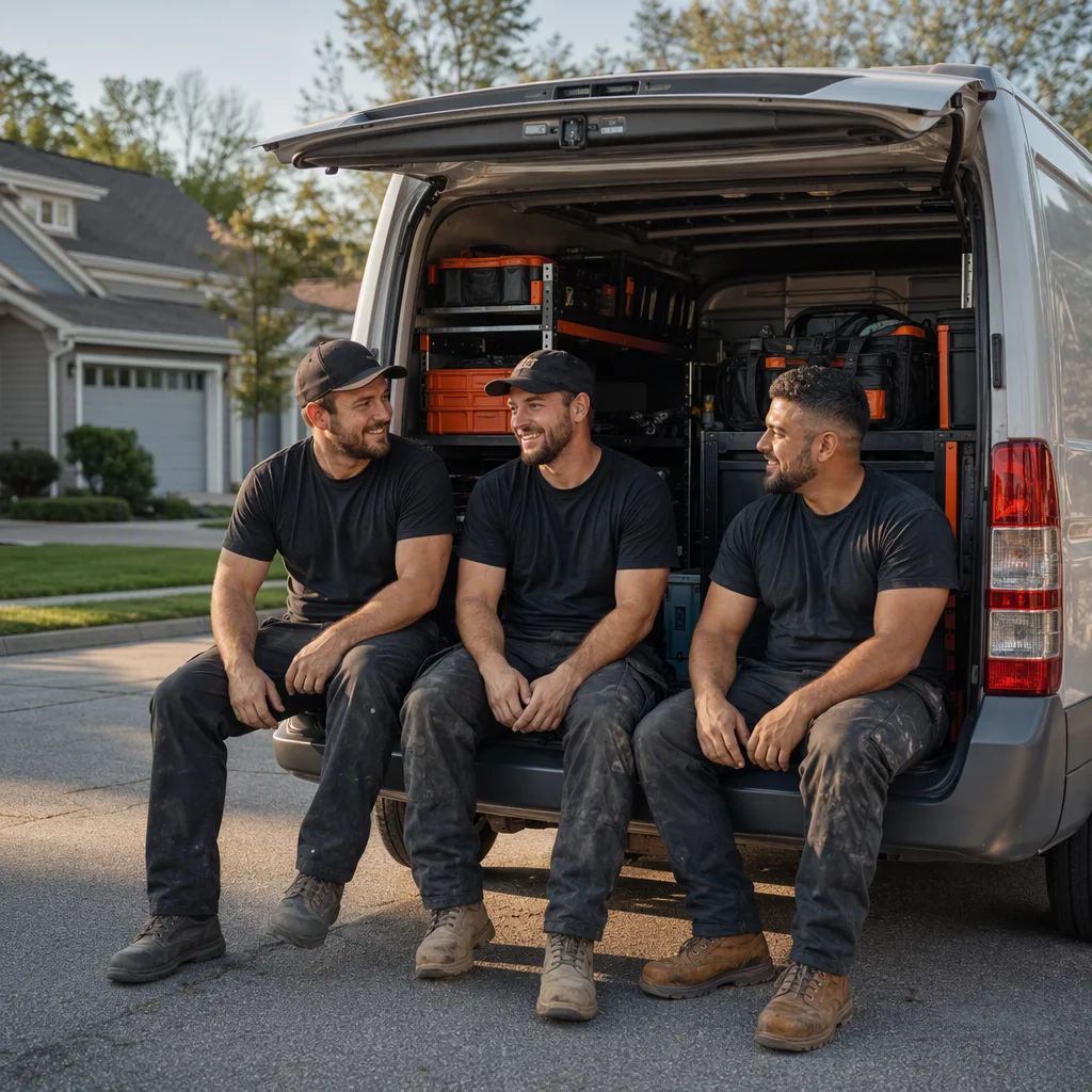 A small crew sitting on the open tailgate of an unbranded van at the end of a job, relaxed and talking, tools packed away behind them
