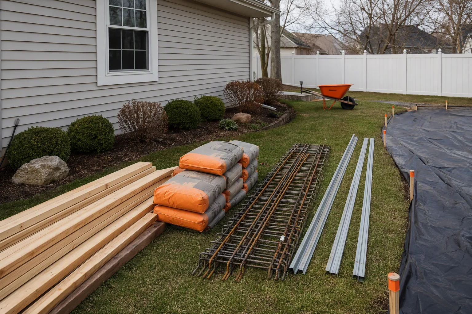 Materials staged neatly at the start of a residential job — form boards, rebar, screed rails and bagged mix laid out beside a protected work area