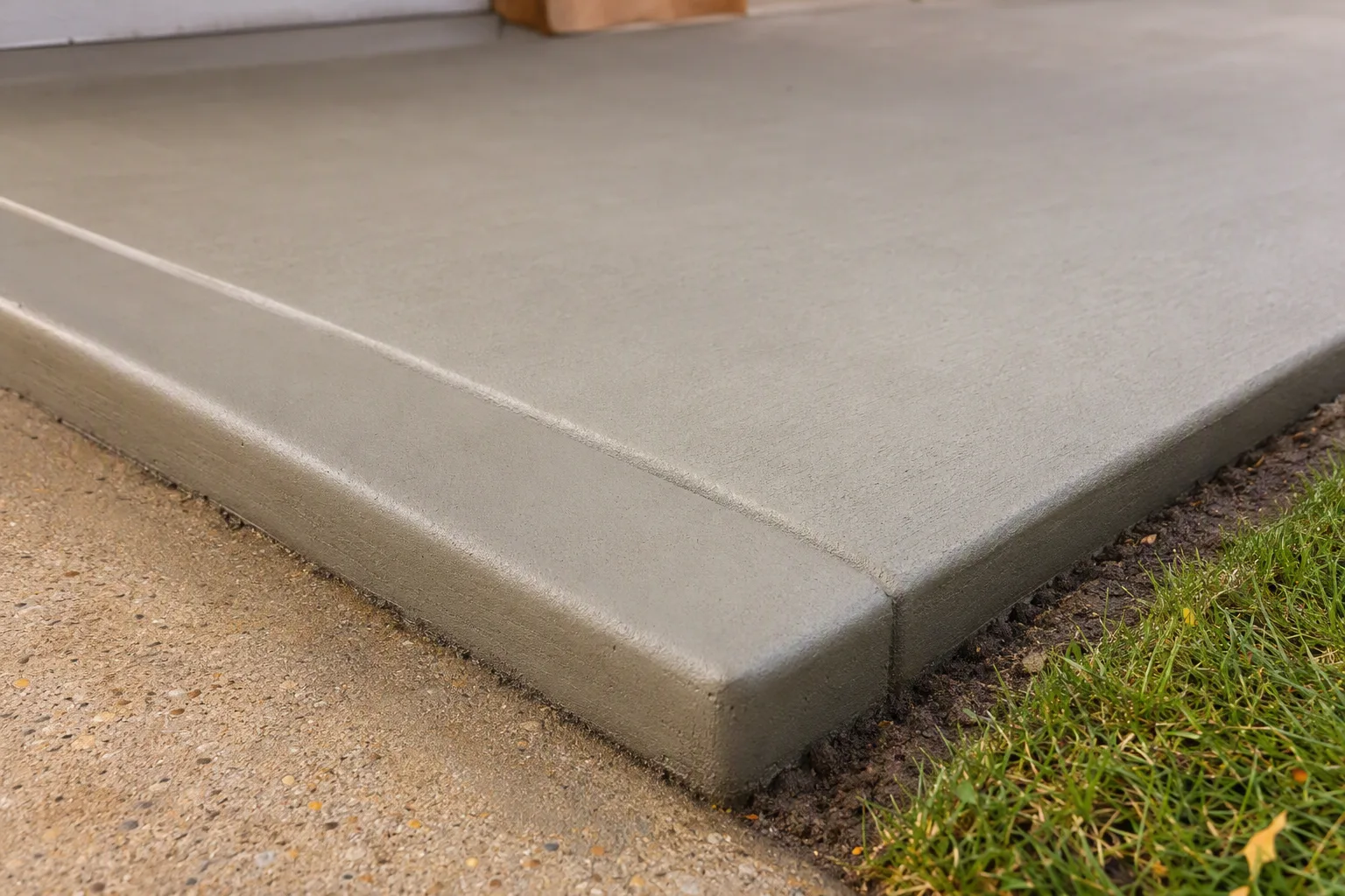 Detail close-up of freshly completed concrete work, clean and precise, shallow depth of field, no people in frame