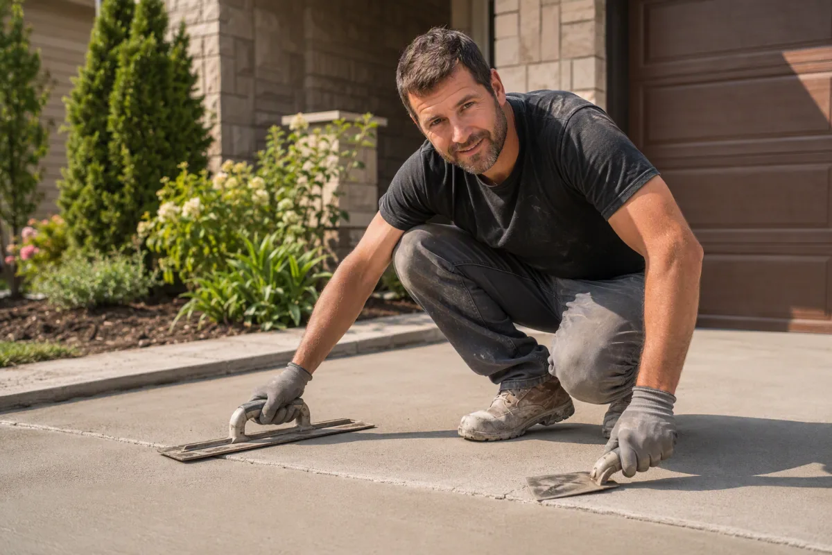 A concrete finisher inspecting the trouble spot on a residential concrete job, crouched close to the work with a bull float and an edging trowel in hand, natural side light raking across the surface