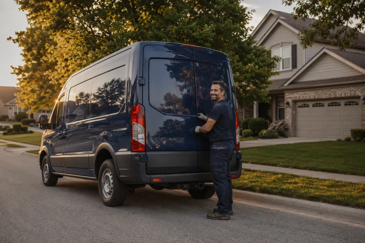 LG Concrete service van parked outside a home in Algonquin