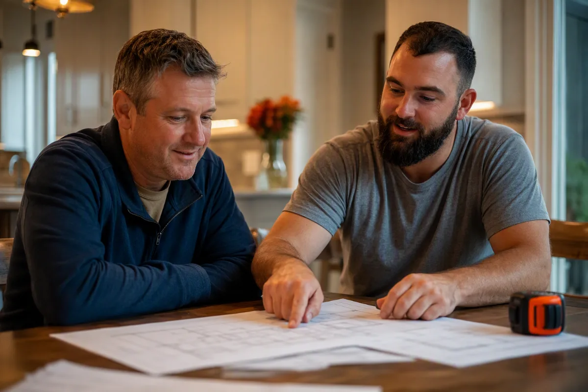 A homeowner and a concrete finisher reviewing plans together at a kitchen table, paperwork and a tape measure between them, both engaged in the conversation
