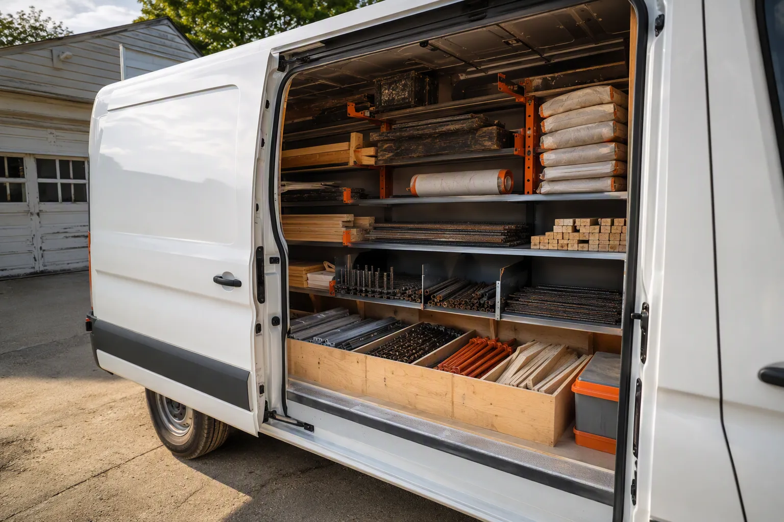An organized concrete service van parked outside a workshop