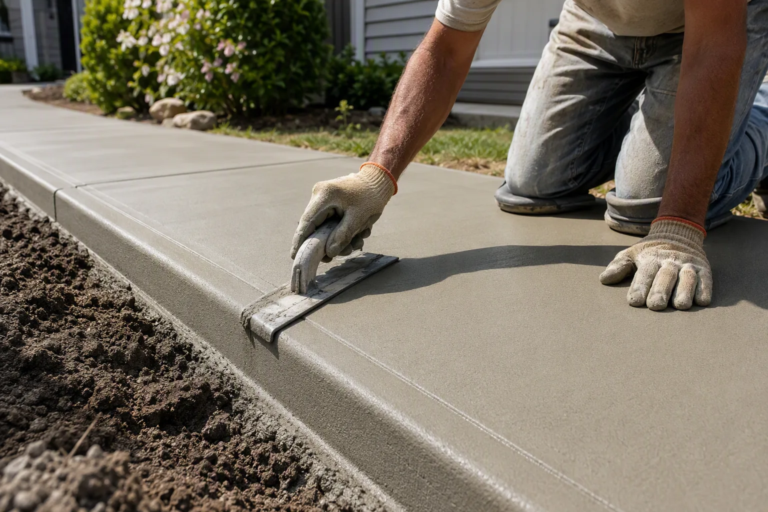 A concrete finisher running an edger along the lip of a freshly finished slab