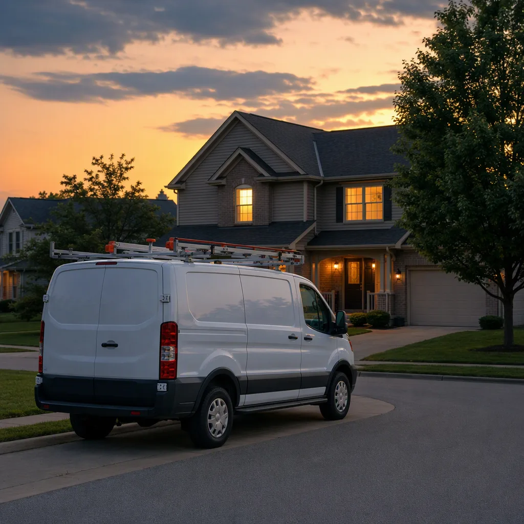 An unbranded van packed up at dusk at the kerb outside a suburban home with its windows warmly lit, the last of the light behind the roofline