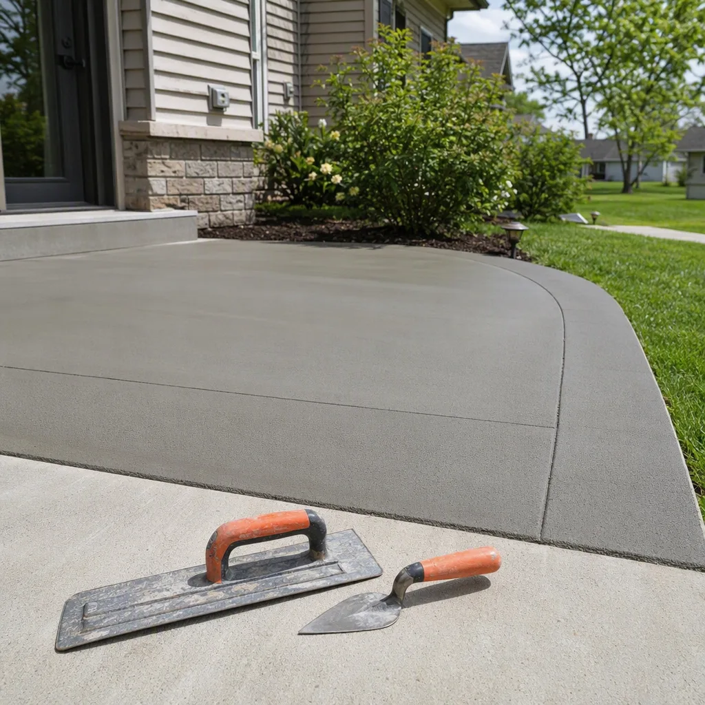 A set of tools — a bull float and an edging trowel — laid down on a clean surface beside the concrete work they have just finished, everything tidy and put away