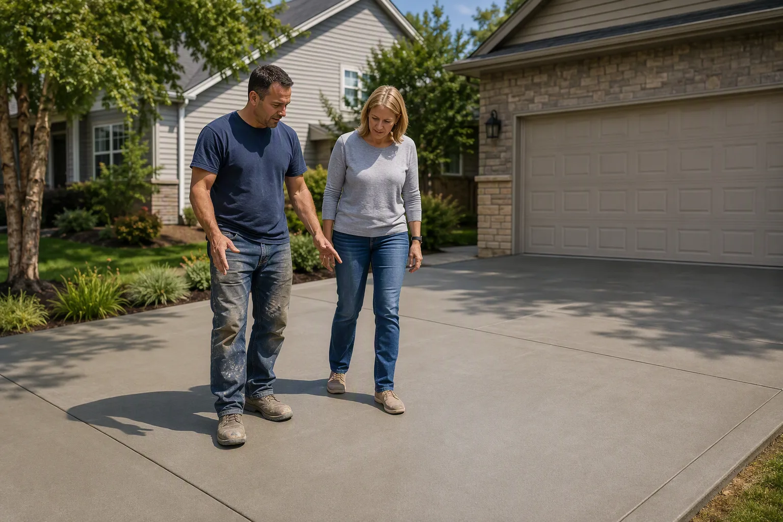 A concrete finisher in a plain navy work shirt walking a homeowner through the finished work, both looking at the job rather than the camera