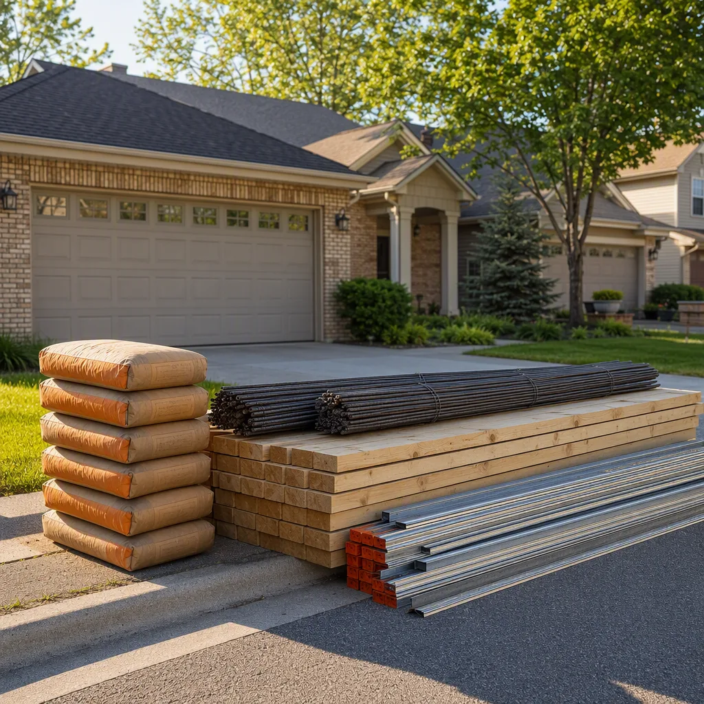 A delivery of form boards, rebar, screed rails and bagged mix stacked neatly at the kerb outside a suburban home, ready for the day