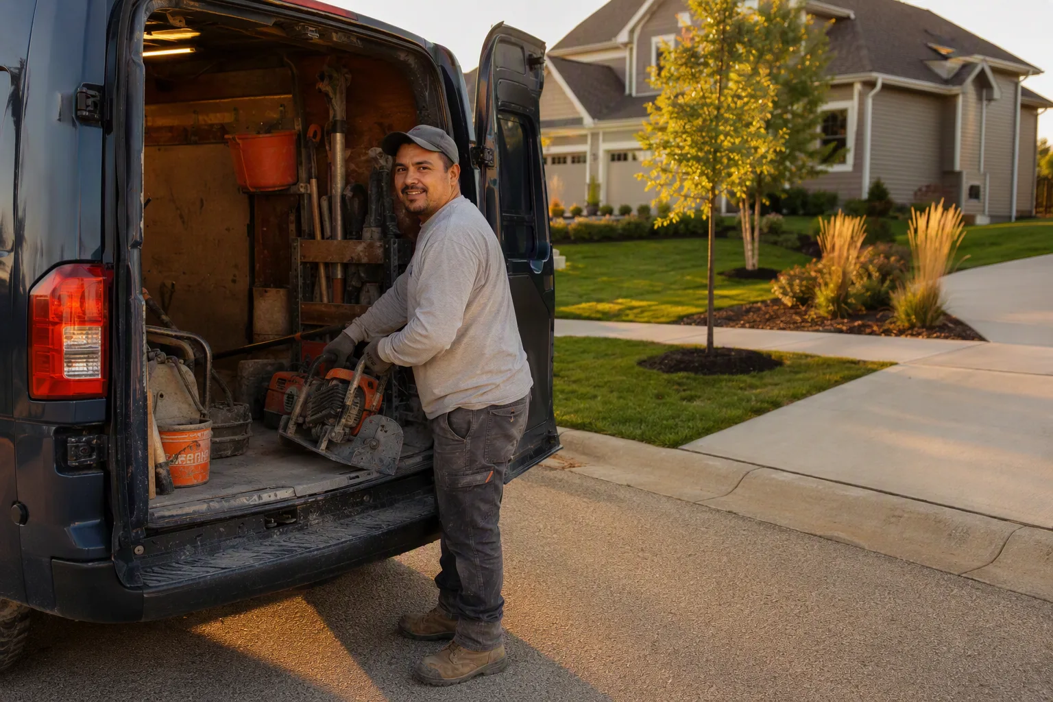A concrete finisher loading tools back into an unbranded navy service van at the kerb outside a suburban home at the end of a job