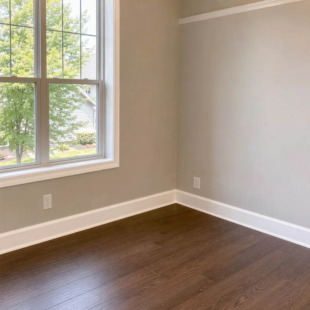 A finished corner of a residential room with the protective covering just pulled back off it, the work newly revealed and spotless