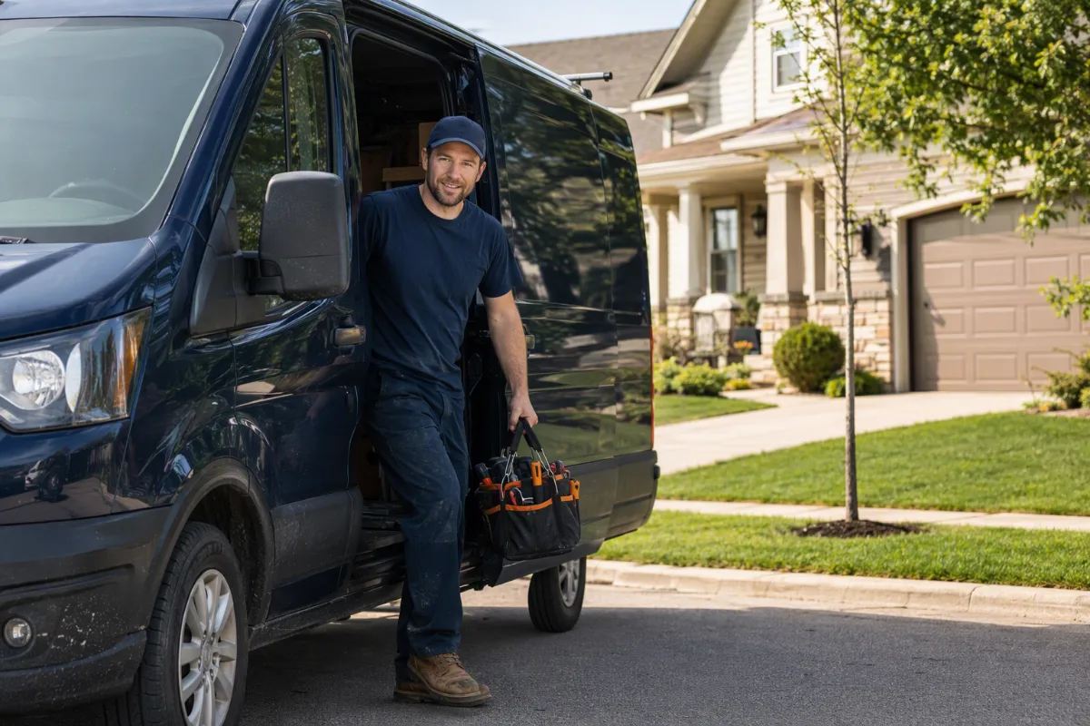 An unbranded navy service van arriving outside a well-kept suburban home, a concrete finisher stepping out with a tool bag