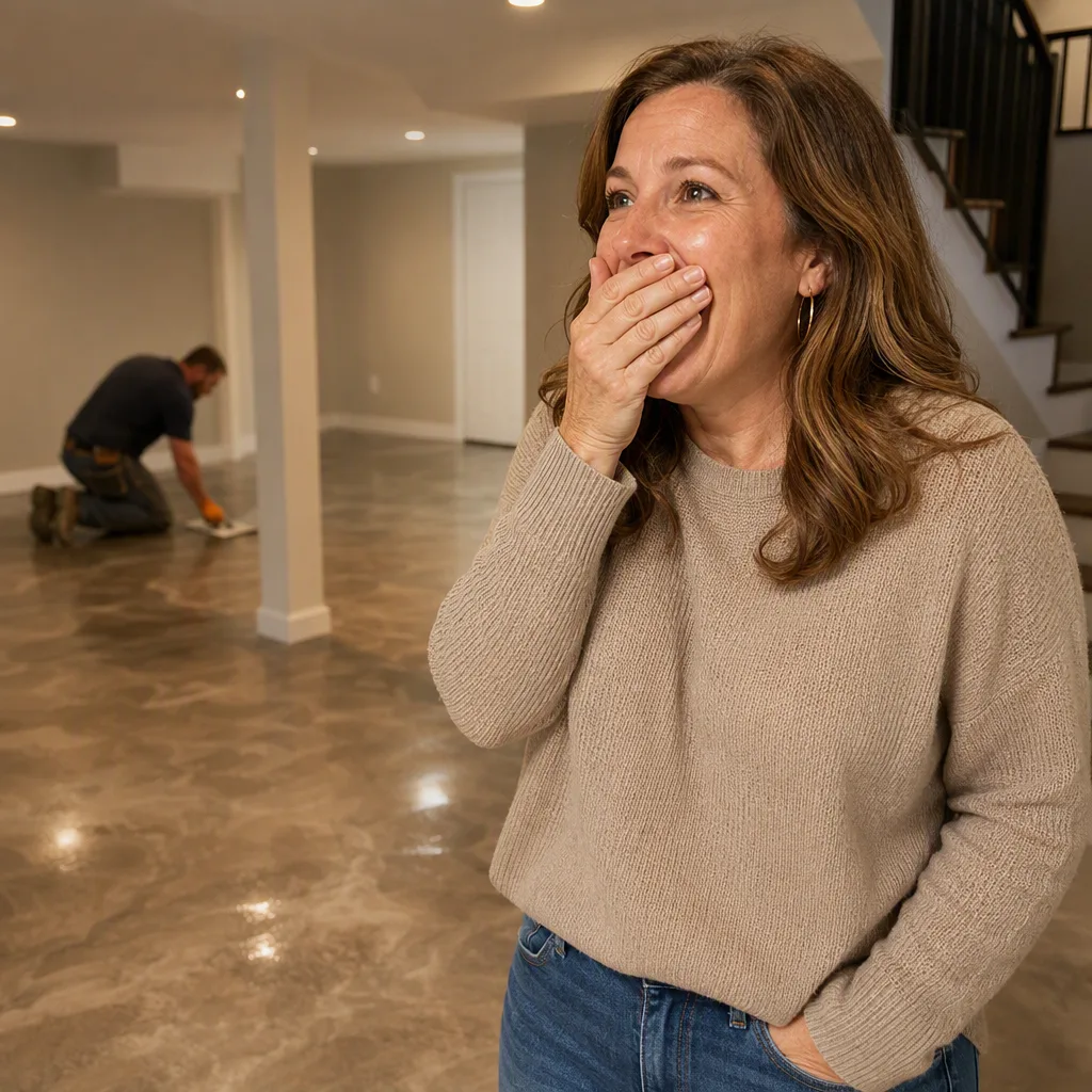 A homeowner seeing their finished room for the first time, hand to their mouth, delighted and entirely unposed